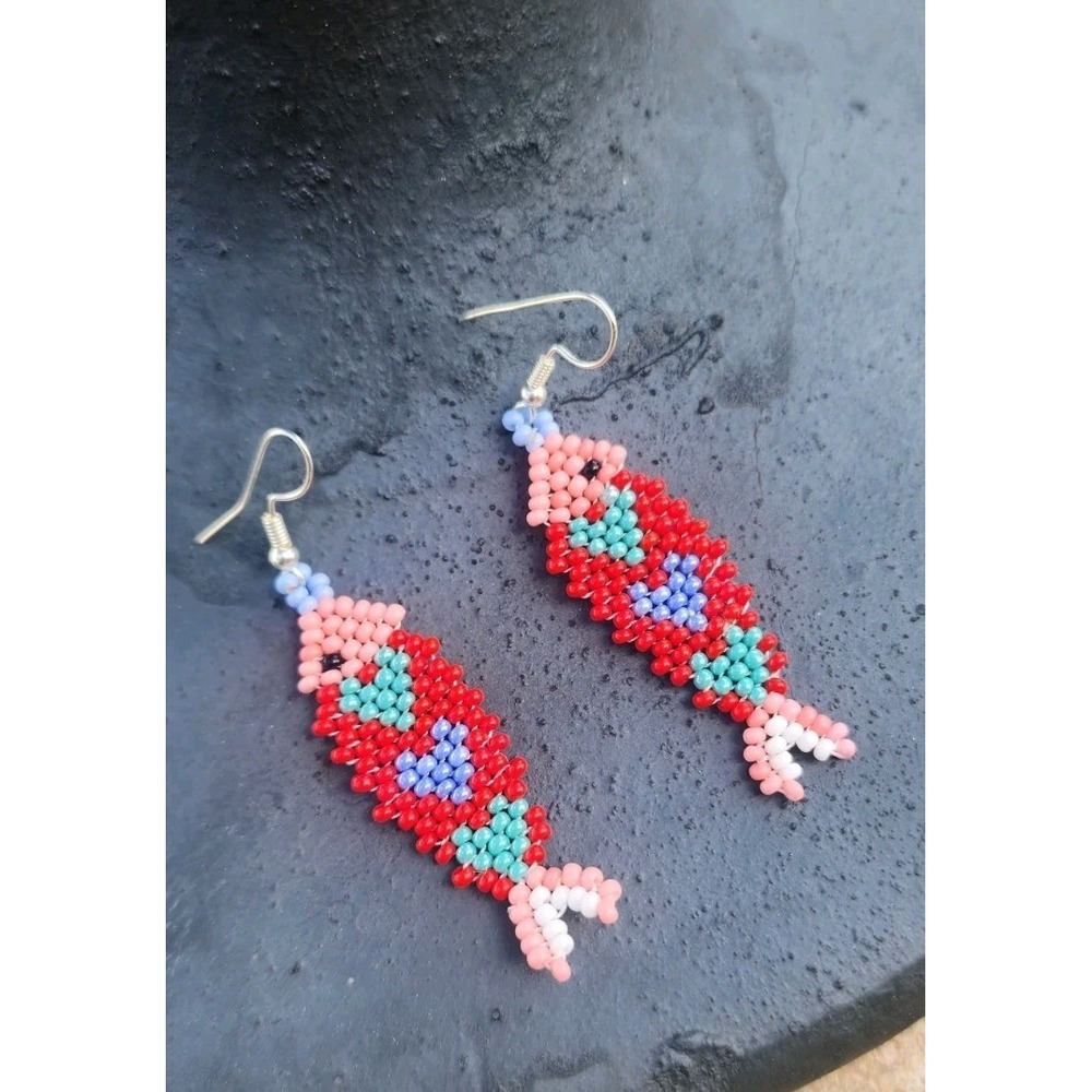 Fish Earrings, Handmade Beaded Sardine Earrings, Coastal Seed Bead Jewelry
